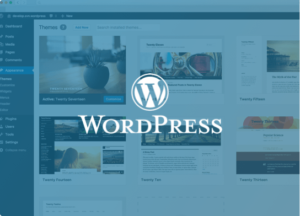 WordPress logo overlaid on theme selector screen